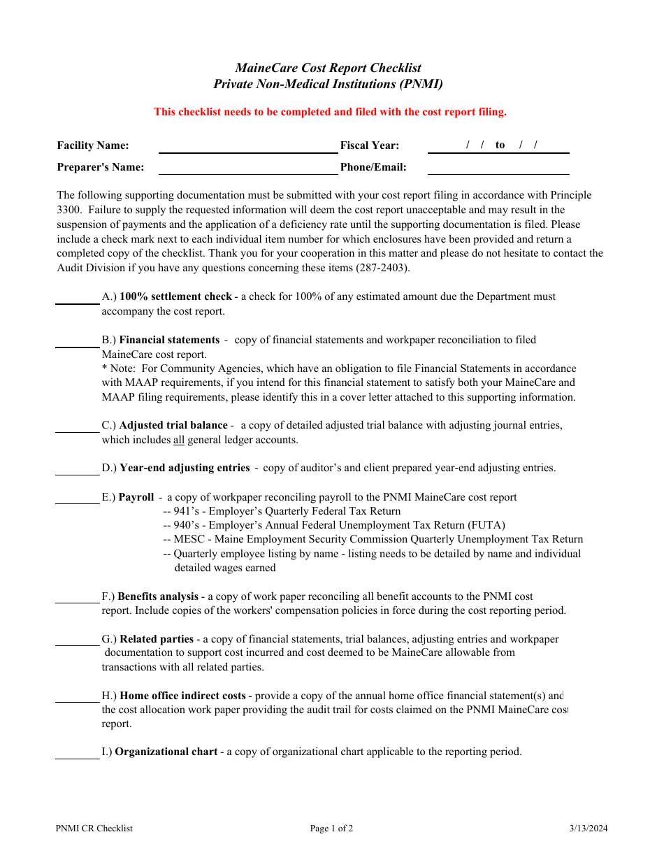 Mainecare Cost Report Checklist - Private Non-medical Institutions (Pnmi) - Maine, Page 1