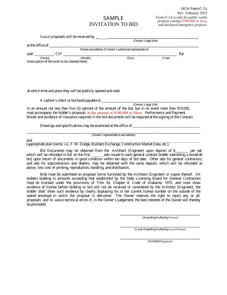 DCM Form C-1A Sample Invitation to Bid - Alabama, Page 1