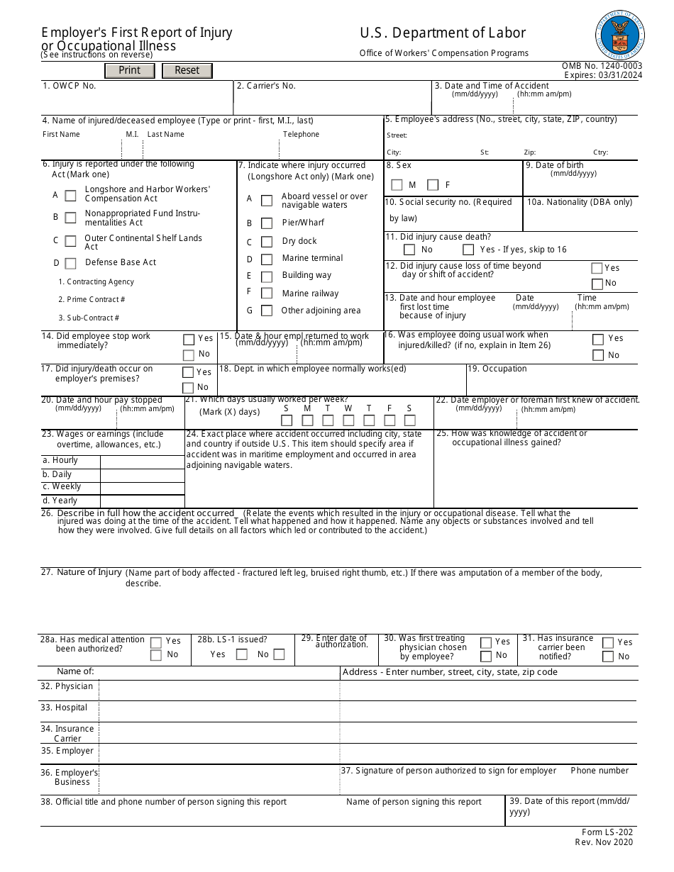 Form LS-202 Employers First Report of Injury or Occupational Illness, Page 1