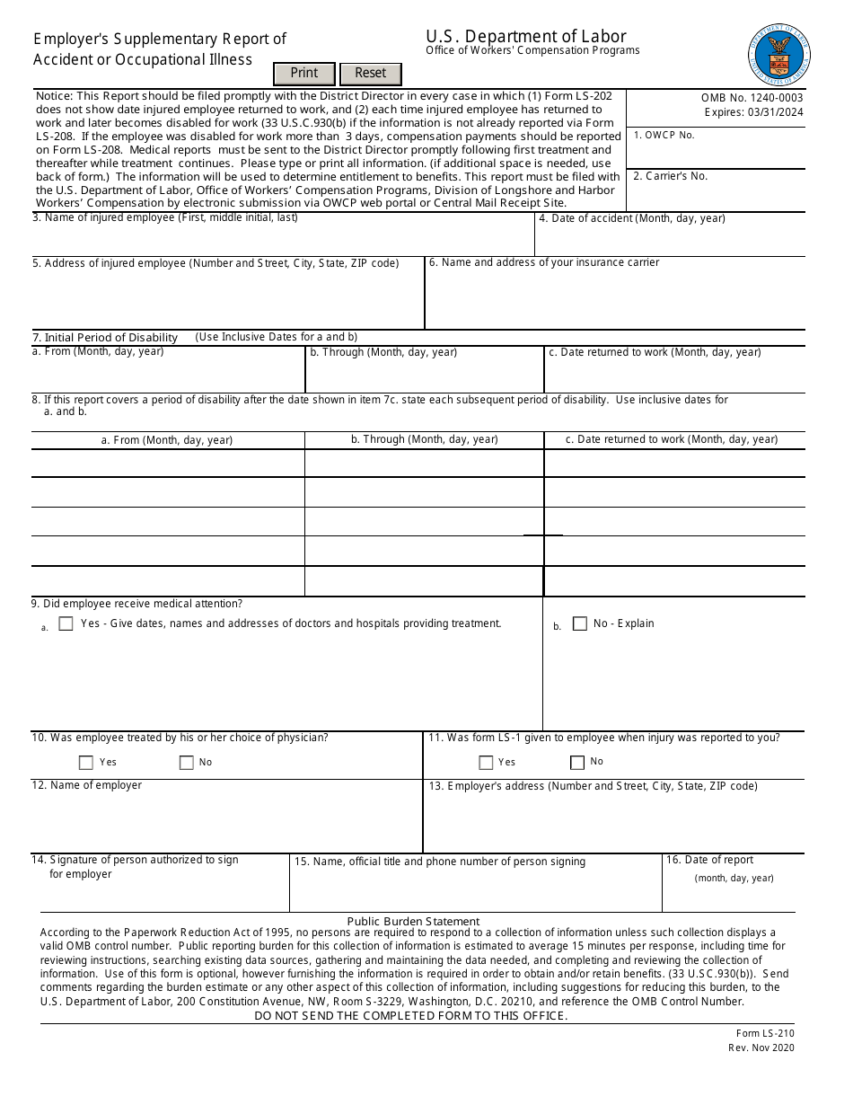Form LS-210 Employers Supplementary Report of Accident or Occupational Illness, Page 1