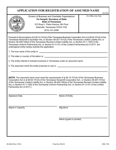 Form SS-4402 Application for Registration of Assumed Name - Tennessee