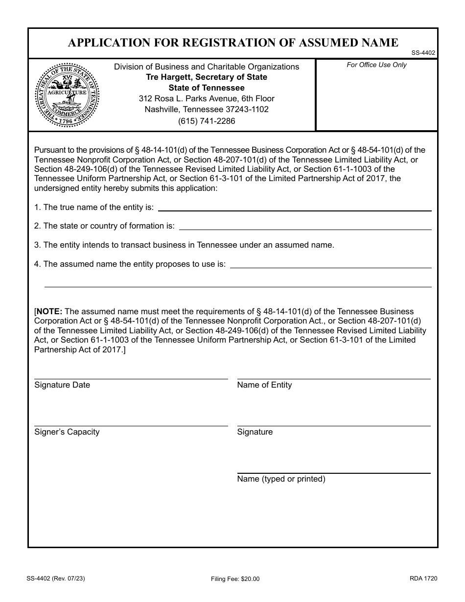 Form SS-4402 Application for Registration of Assumed Name - Tennessee, Page 1