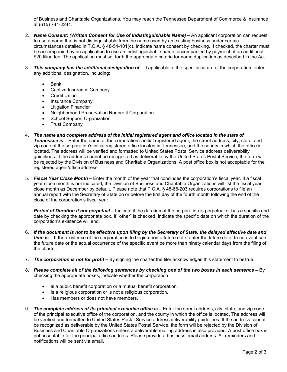 Form SS-4418 Charter Nonprofit Corporation - Tennessee, Page 2