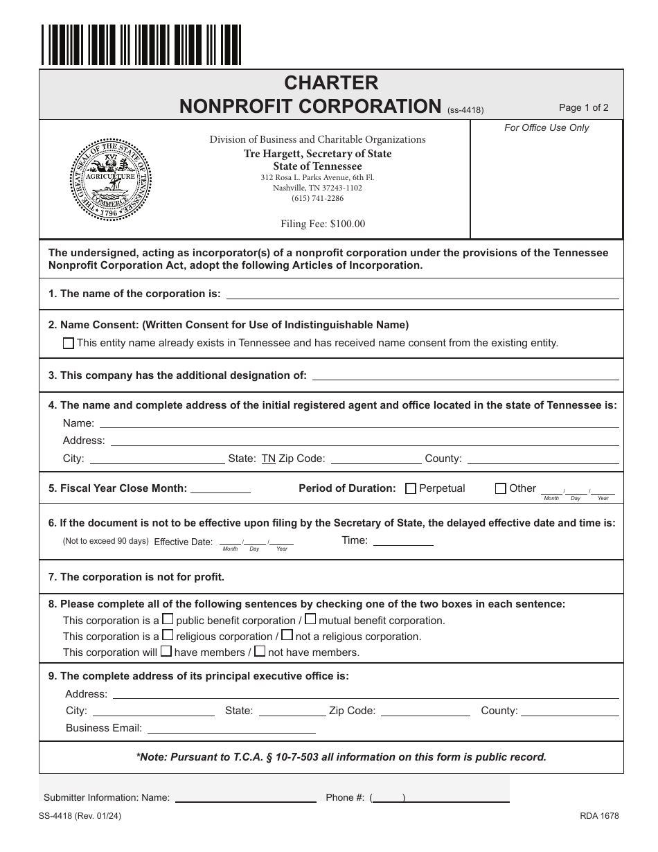 Form SS-4418 Charter Nonprofit Corporation - Tennessee, Page 4