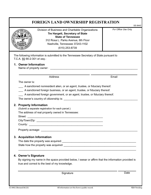Form SS-9442 Foreign Land Ownership Registration - Tennessee