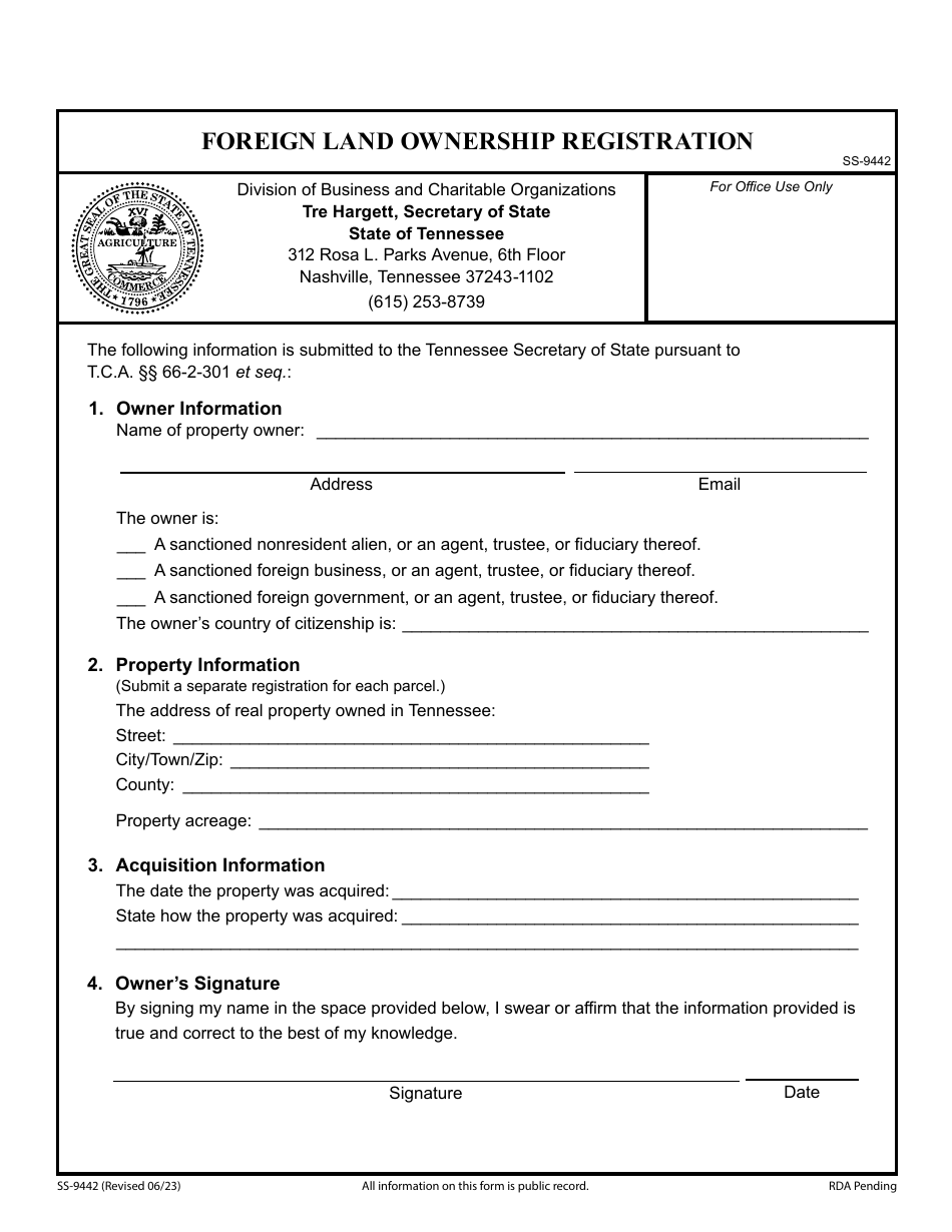 Form SS-9442 Foreign Land Ownership Registration - Tennessee, Page 1