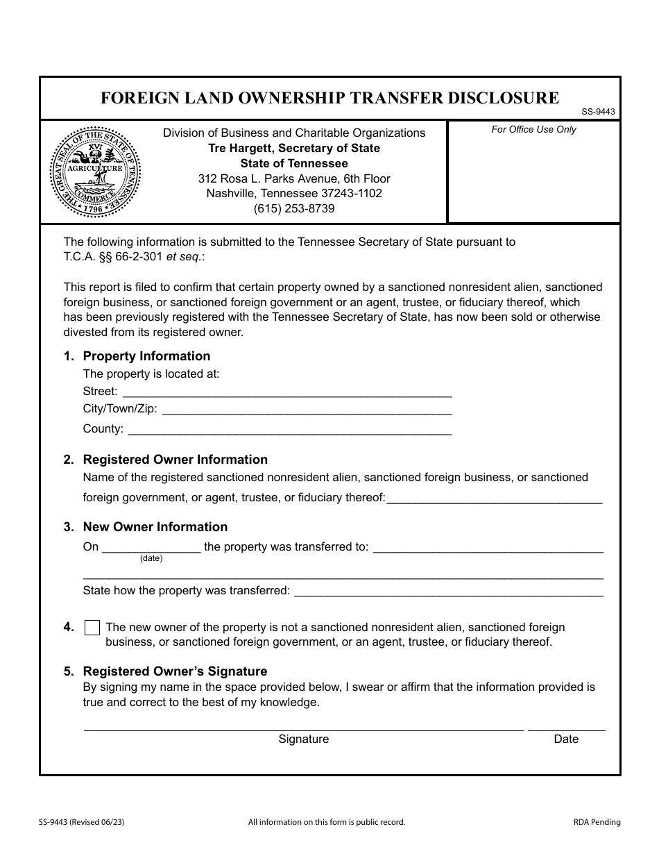 Form SS-9443 Foreign Land Ownership Transfer Disclosure - Tennessee, Page 1
