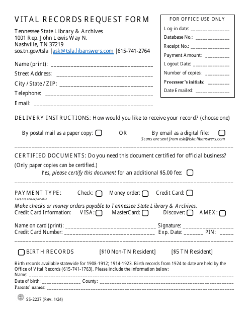 Form SS-2237 Vital Records Request Form - Tennessee