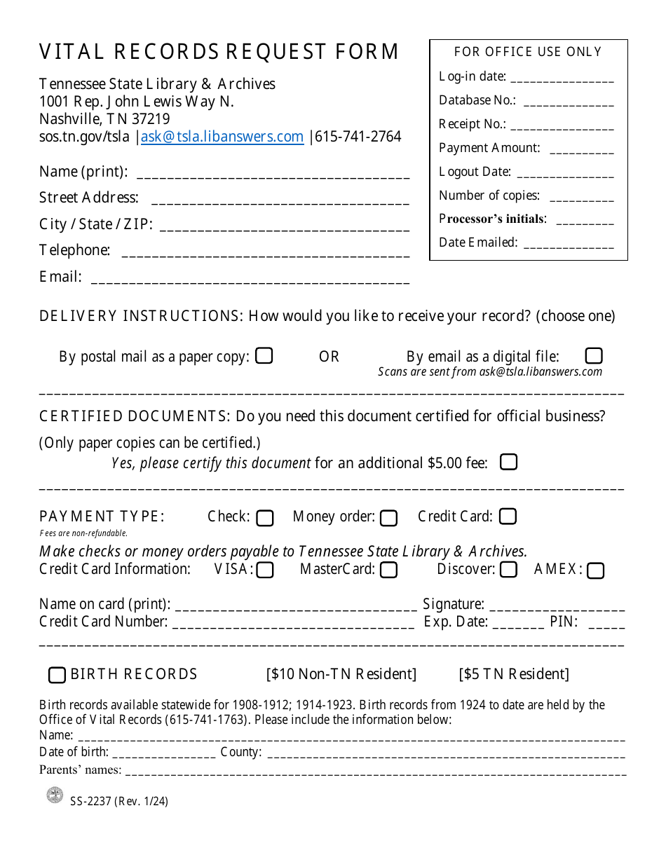 Form SS-2237 Vital Records Request Form - Tennessee, Page 1