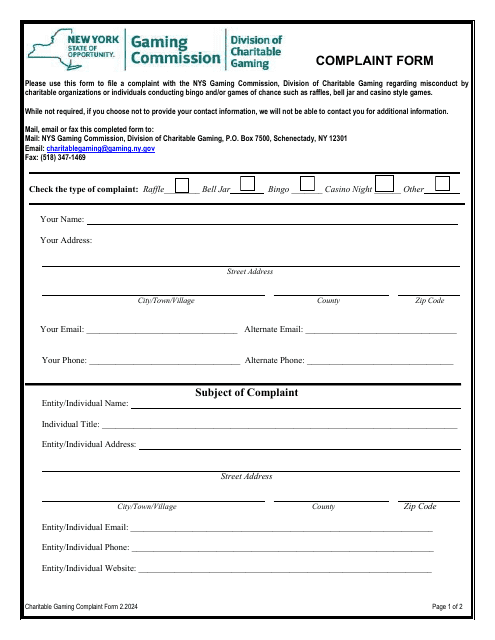 Charitable Gaming Complaint Form - New York Download Pdf