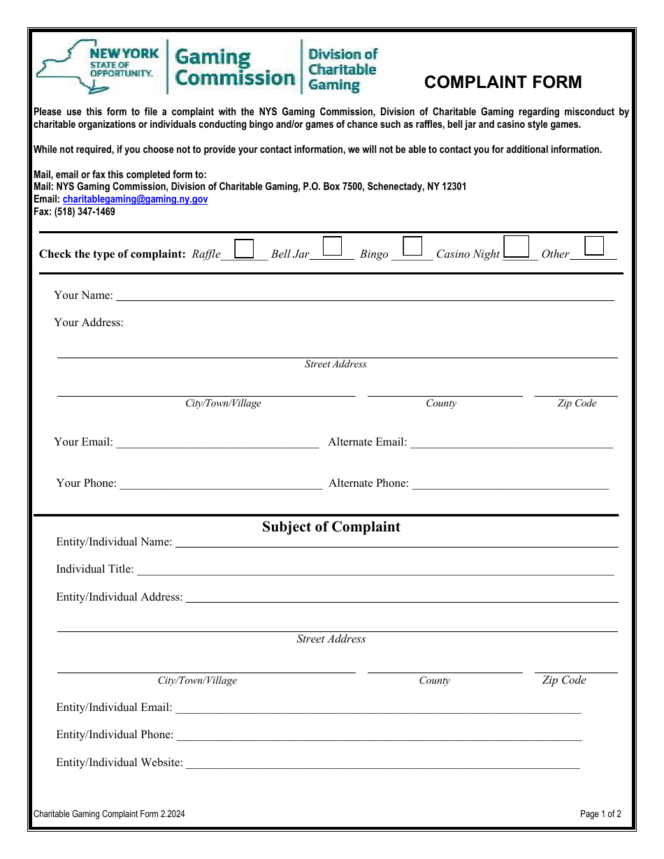 New York Charitable Gaming Complaint Form - Fill Out, Sign Online and ...