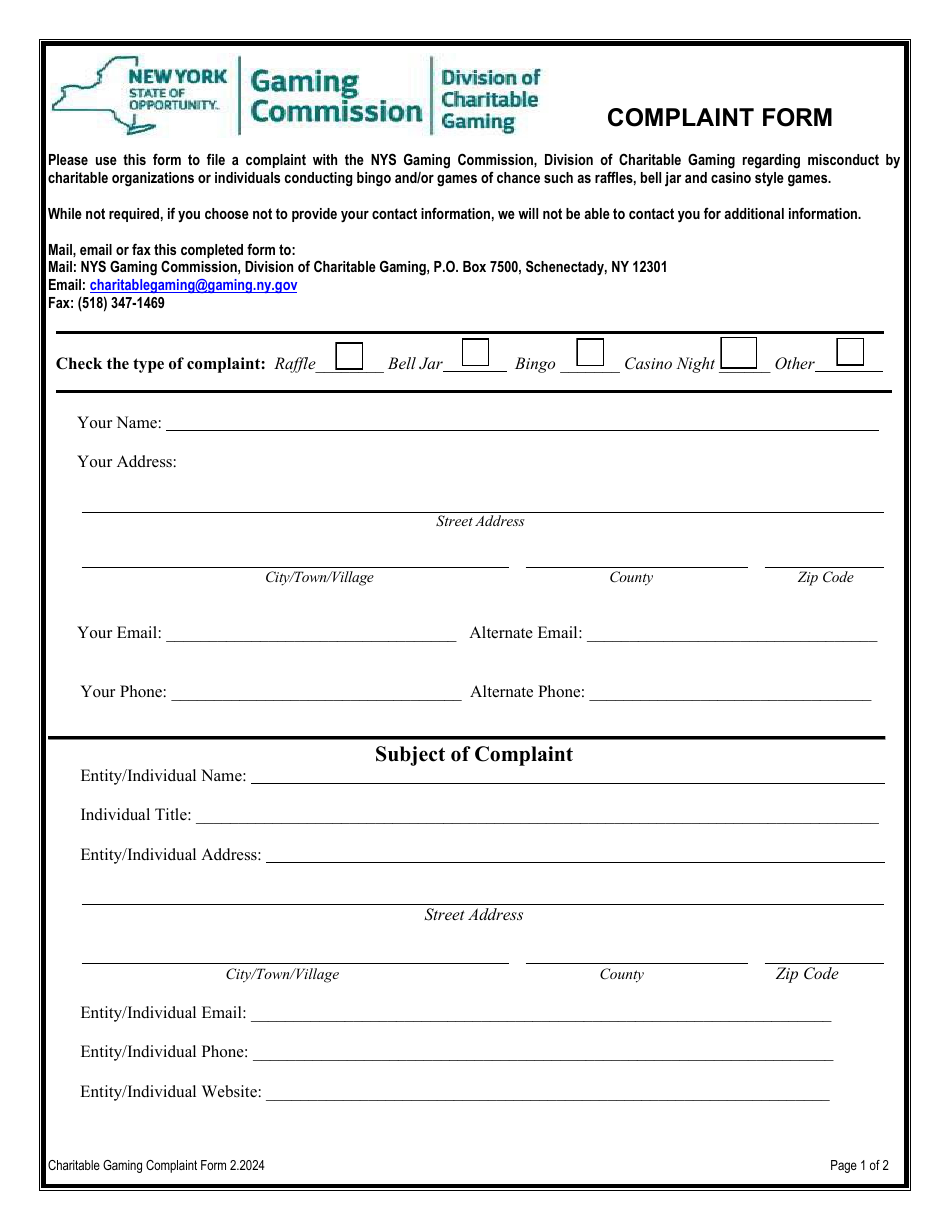 Charitable Gaming Complaint Form - New York, Page 1