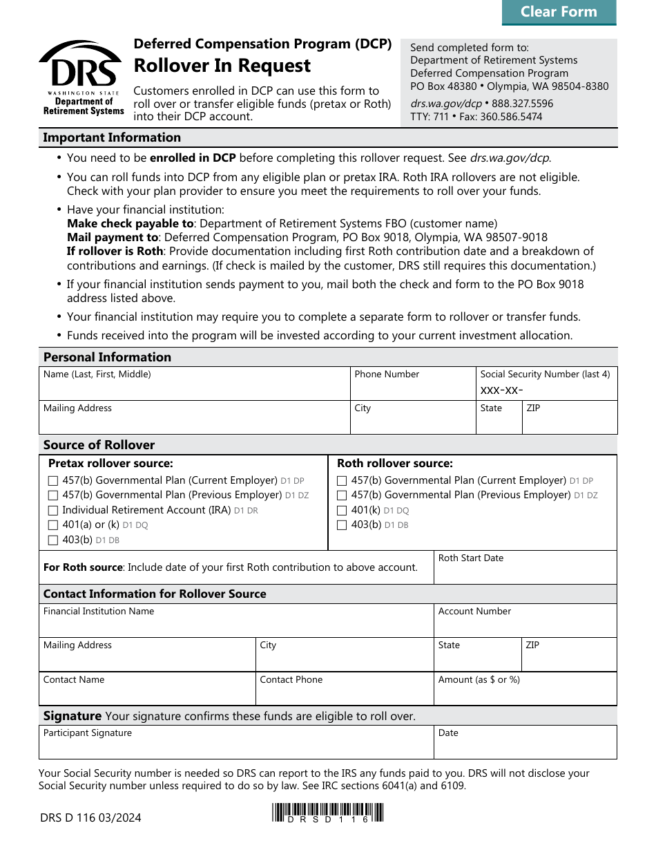 Form DRS D116 Rollover in Request - Deferred Compensation Program (Dcp) - Washington, Page 1