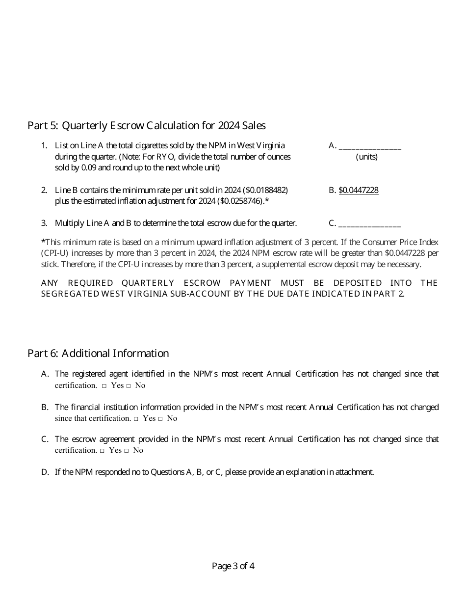 Non-participating Manufacturer Quarterly Certificate of Compliance - West Virginia, Page 3