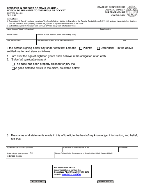 Form JD-CV-170 Affidavit in Support of Small Claims - Motion to Transfer to the Regular Docket - Connecticut