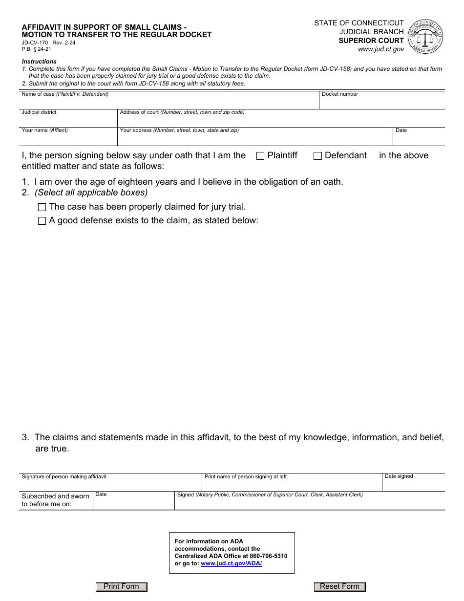 Form JD-CV-170 - Fill Out, Sign Online and Download Fillable PDF ...