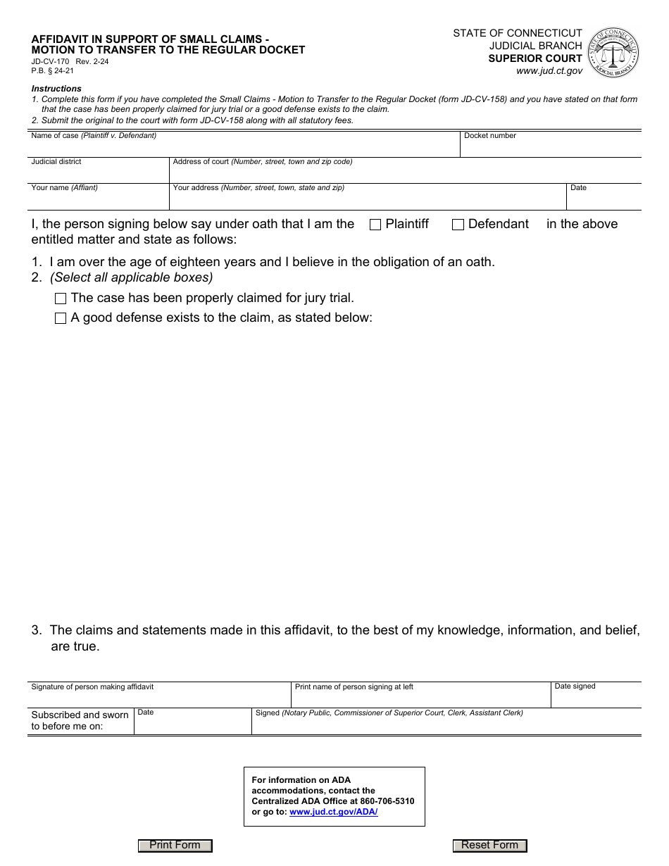 Form JD-CV-170 Affidavit in Support of Small Claims - Motion to Transfer to the Regular Docket - Connecticut, Page 1