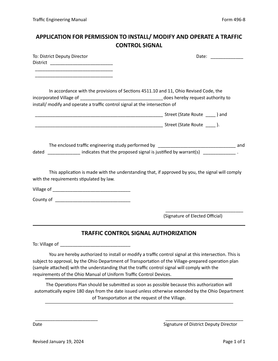 Form 496-8 Application for Permission to Install / Modify and Operate a Traffic Control Signal - Ohio, Page 1