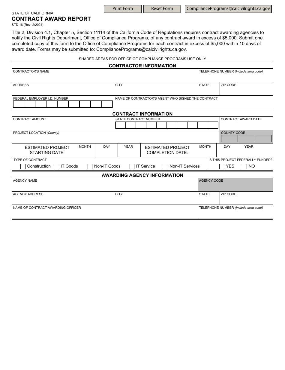 Form STD16 Contract Award Report - California, Page 1