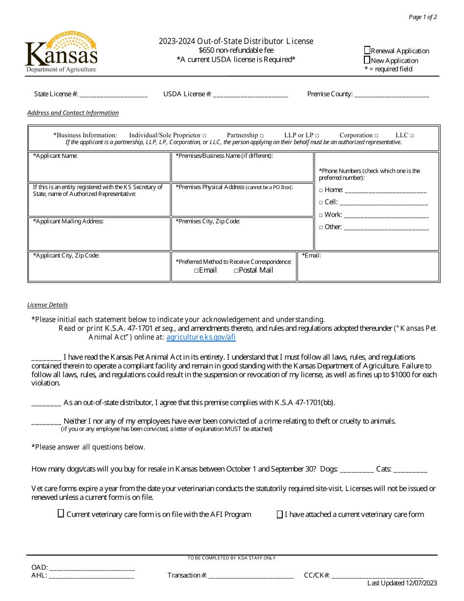 Out-of-State Distributor License Application - Kansas, Page 1