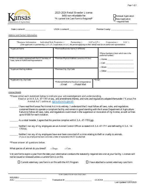Retail Breeder License Application - Kansas Download Pdf