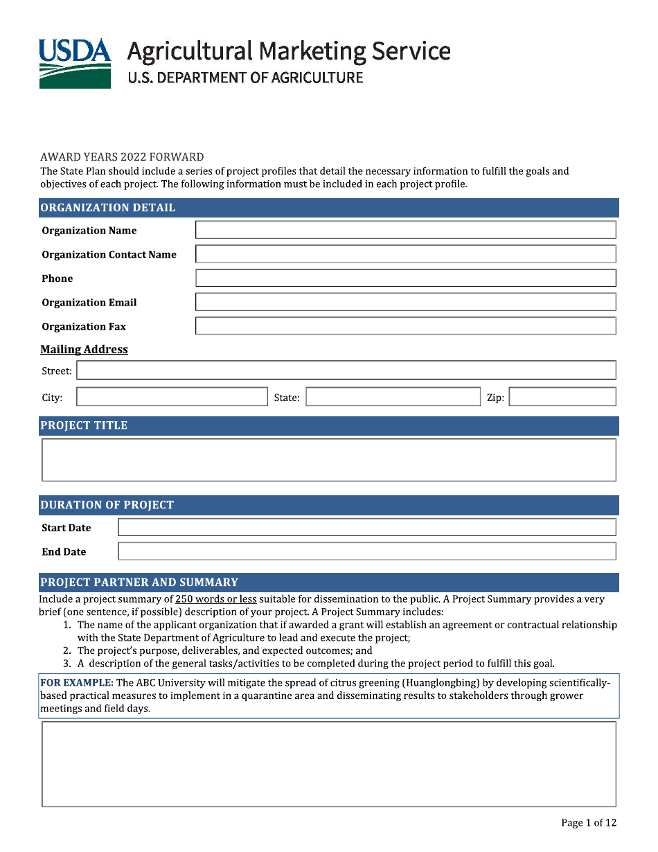 Project Profile Template - Specialty Crop Block Grant Program, Page 1