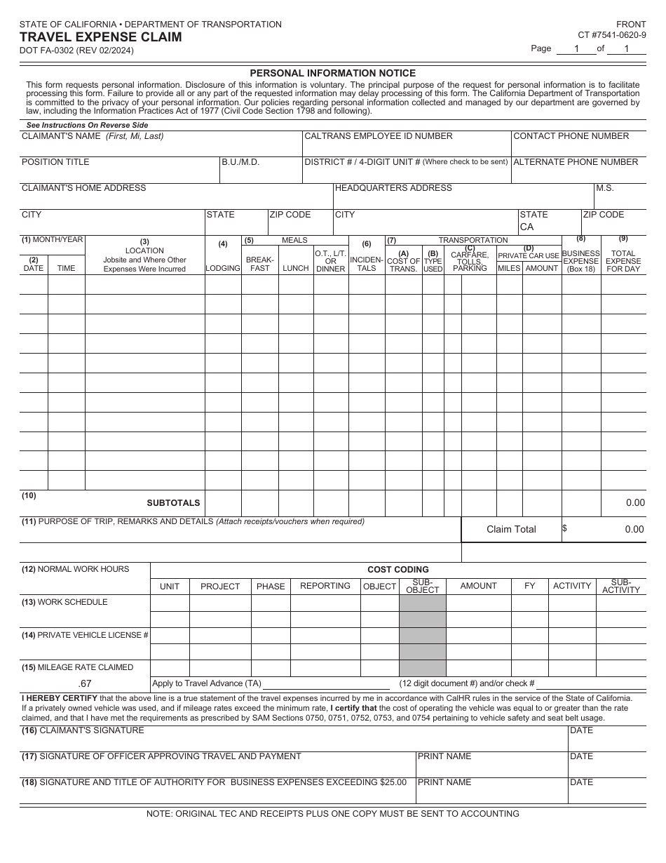 Form DOT FA-0302 Travel Expense Claim - California, Page 1