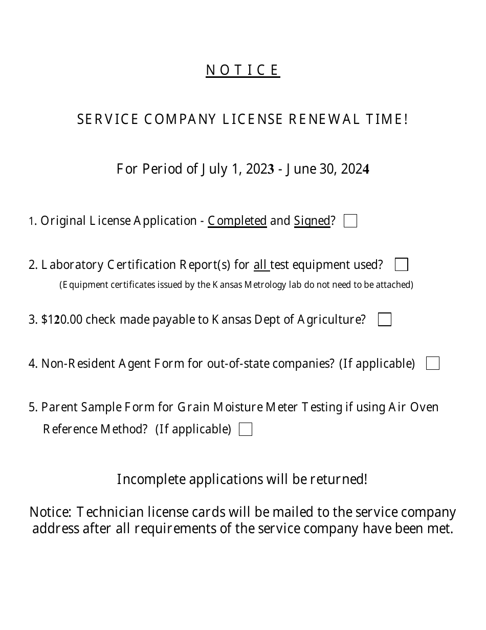 Service Company License Renewal Application - Weights and Measures Program - Kansas, Page 1