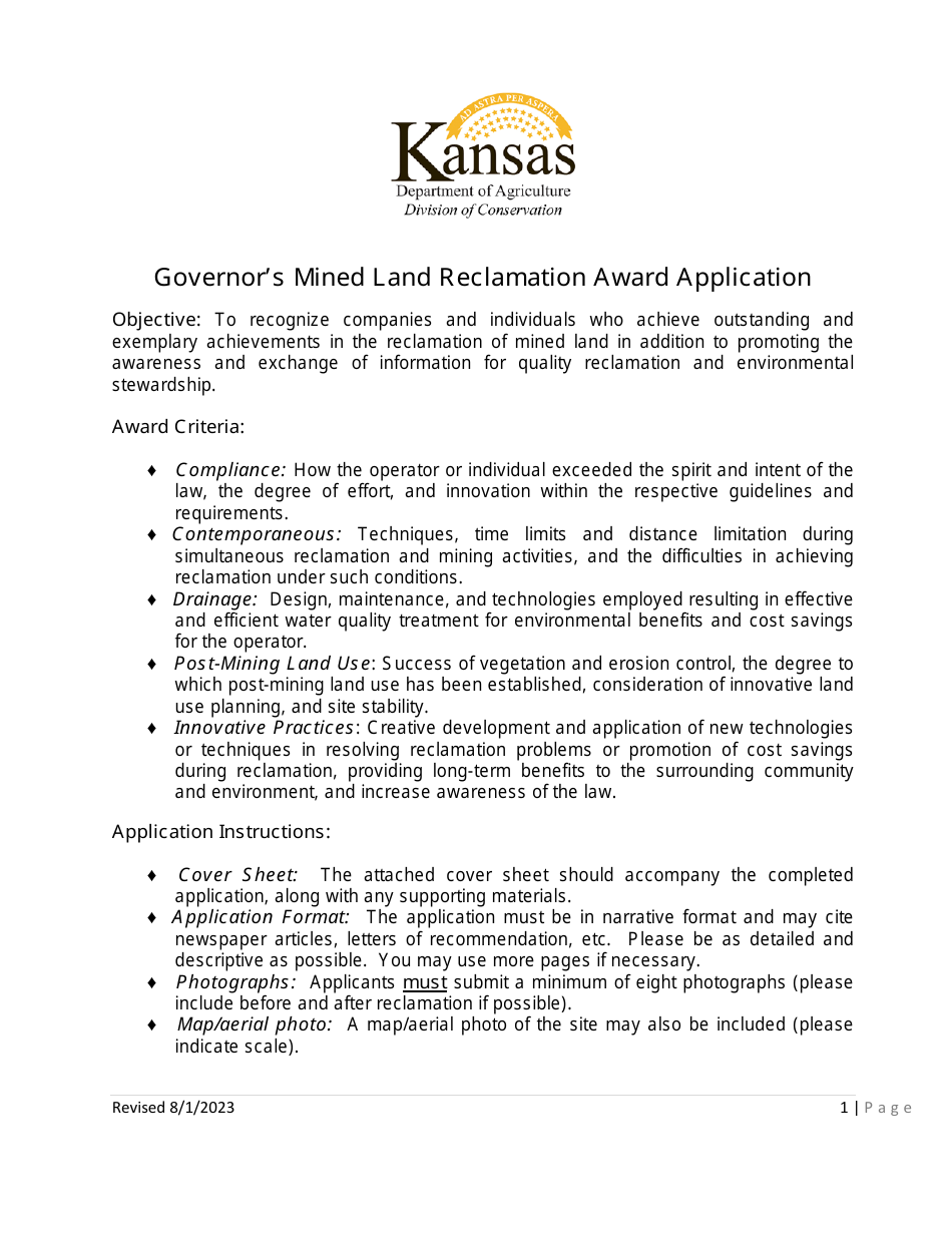 Governors Mined Land Reclamation Award Application - Kansas, Page 1