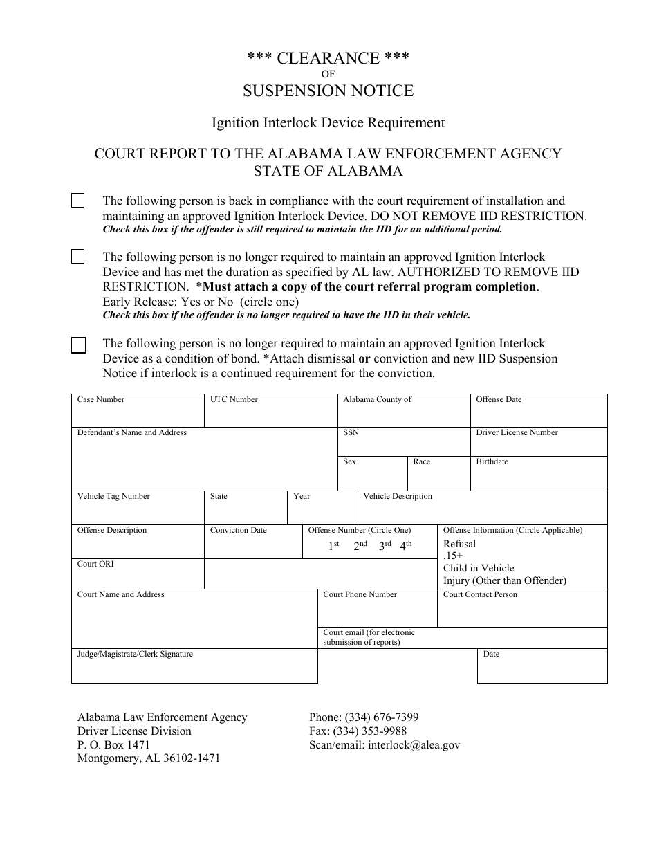Form ALEA-CSN Clearance of Suspension Notice - Alabama, Page 1
