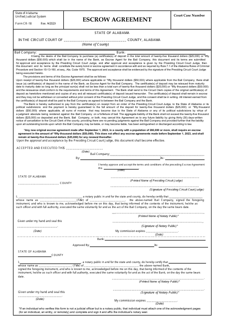 Form CR-18 Escrow Agreement - Alabama