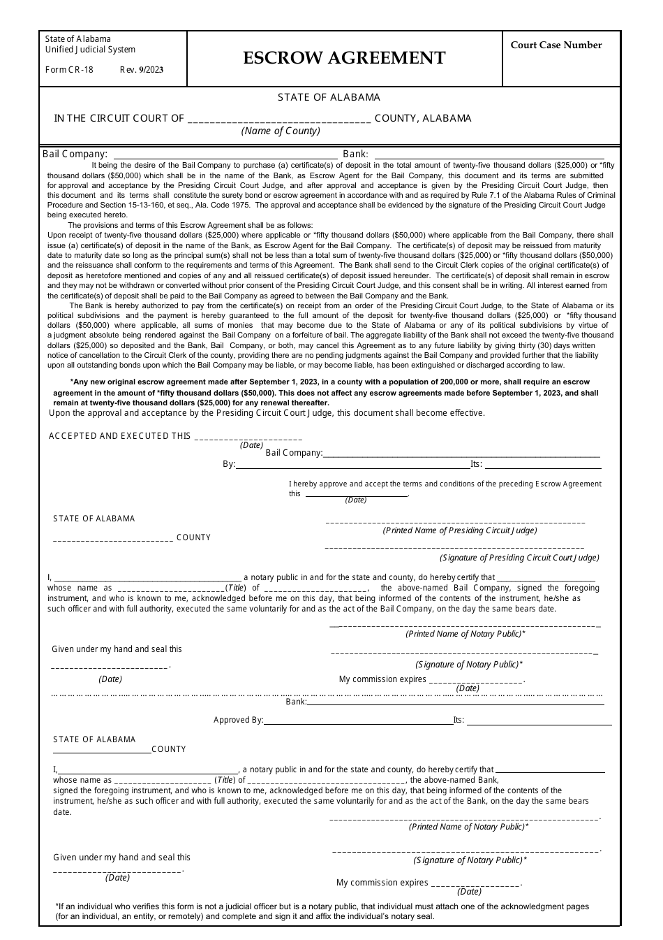 Form CR-18 Escrow Agreement - Alabama, Page 1