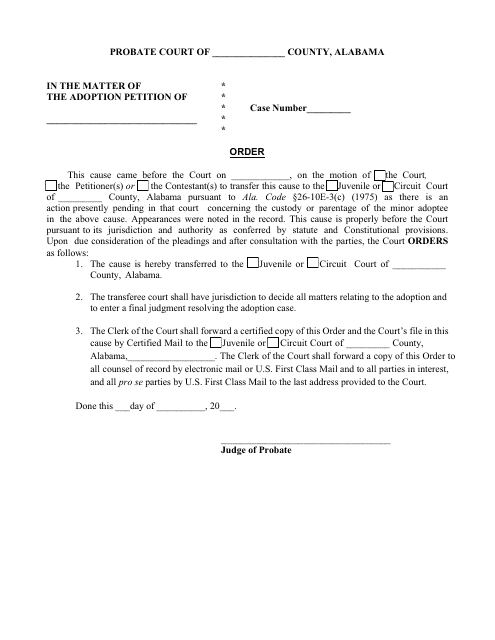 Order Transferring Case to Juvenile Court - 26-10e-3(C) - Alabama