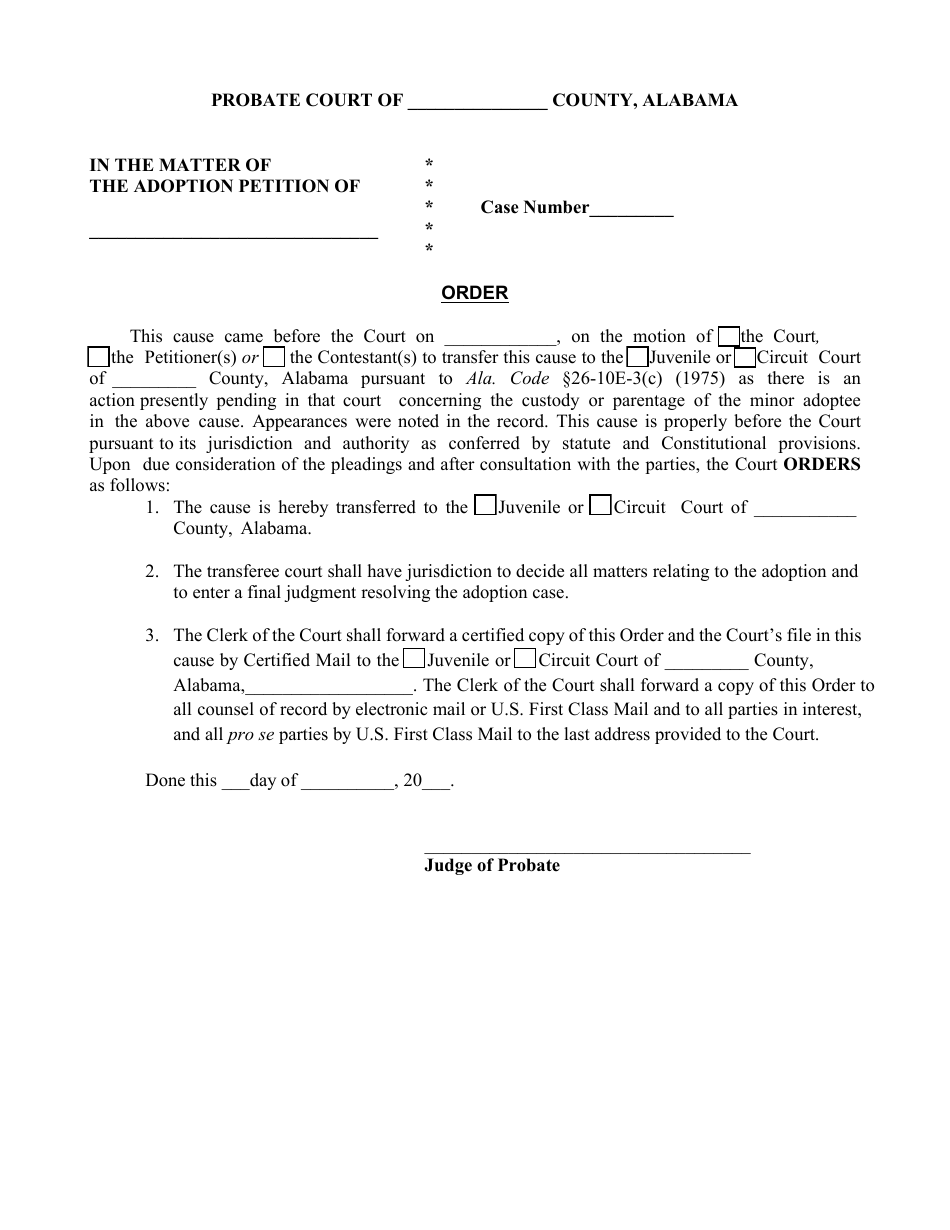 Order Transferring Case to Juvenile Court - 26-10e-3(C) - Alabama, Page 1