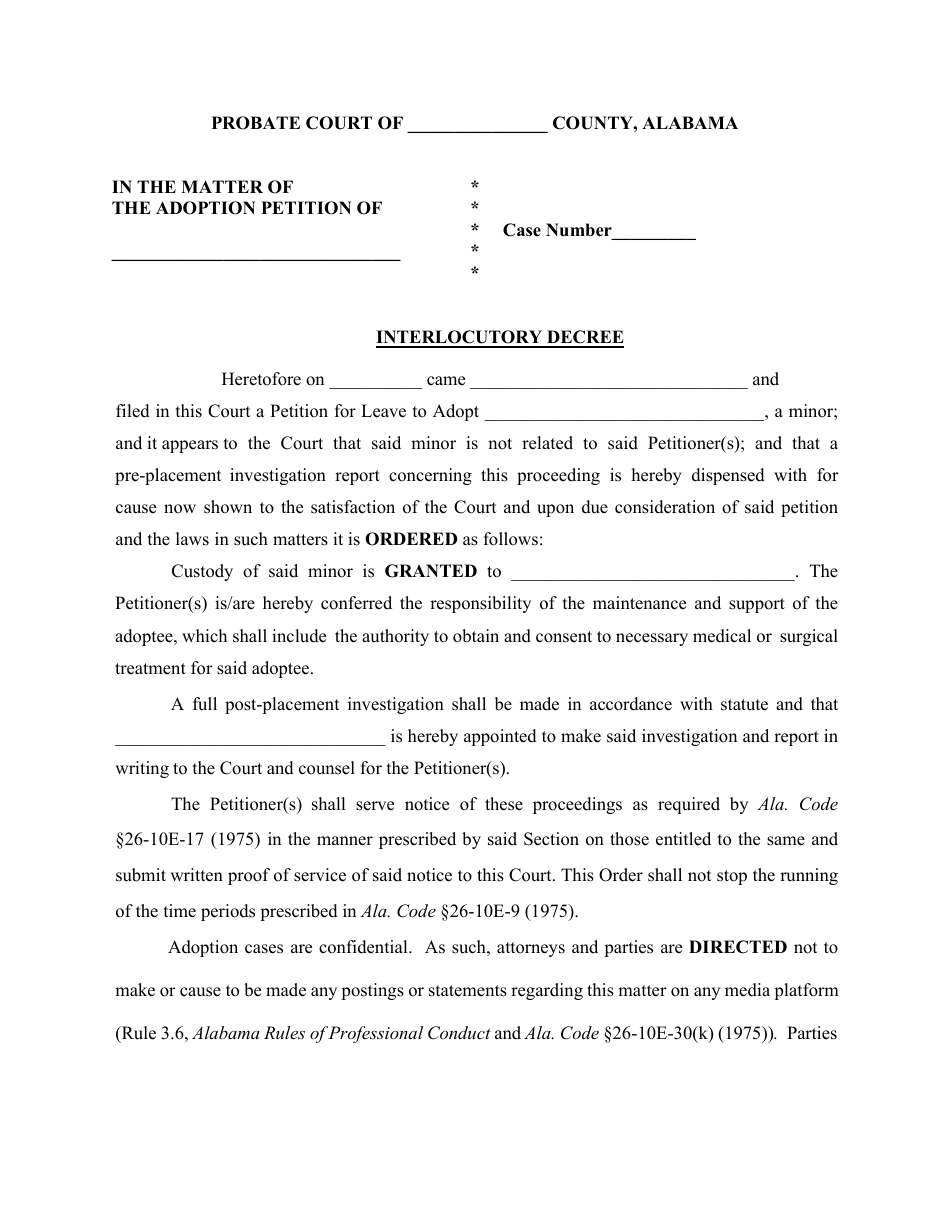 Interlocutory Decree - Non-related Preplacement Waived - Alabama, Page 1