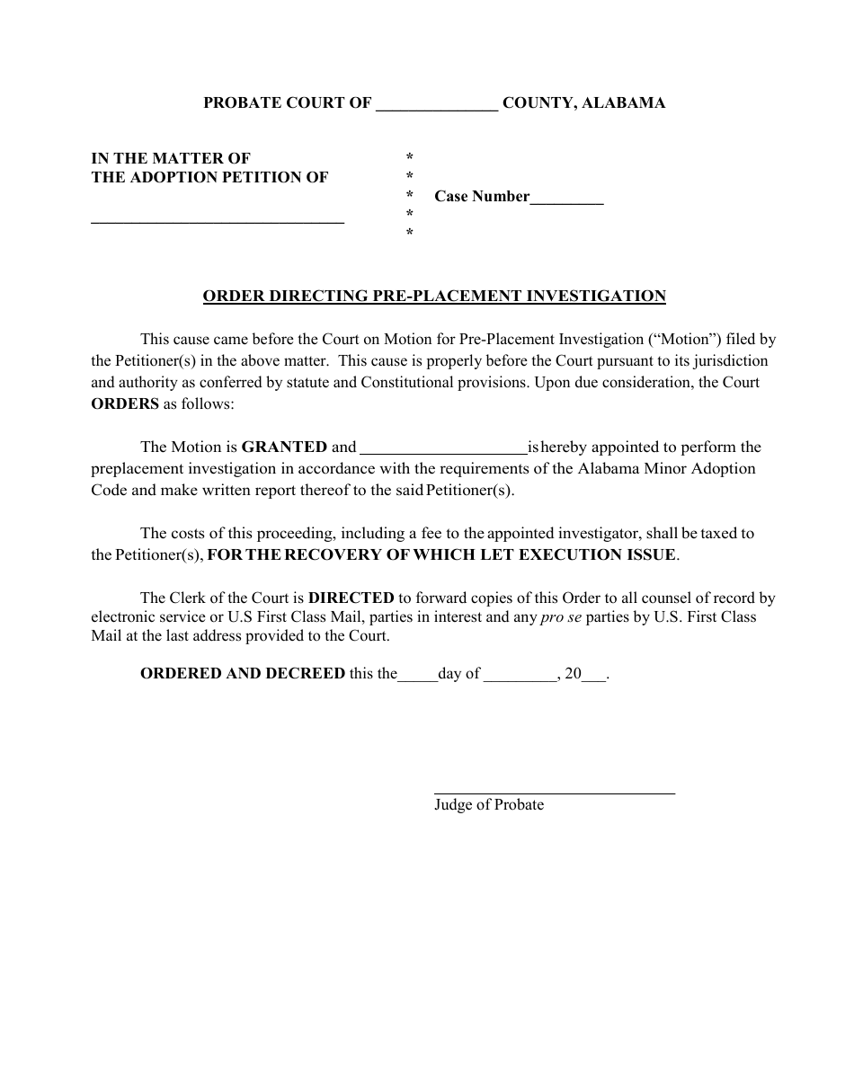 Order Directing Pre-placement Investigation - Alabama, Page 1