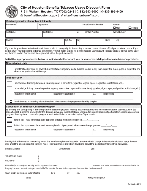 Benefits Tobacco Usage Discount Form - City of Houston, Texas Download Pdf