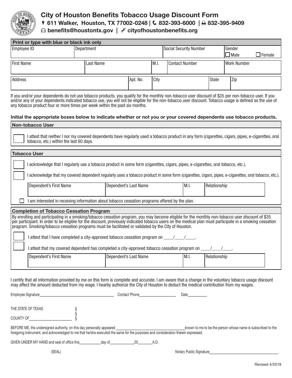 Benefits Tobacco Usage Discount Form - City of Houston, Texas, Page 1