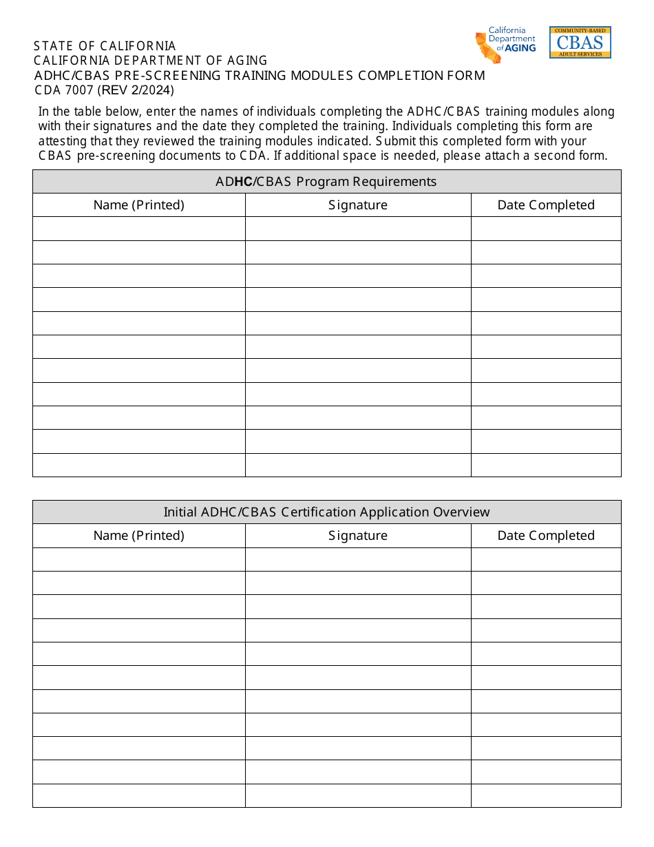 Form CDA7007 Adhc / Cbas Pre-screening Training Modules Completion Form - California, Page 1