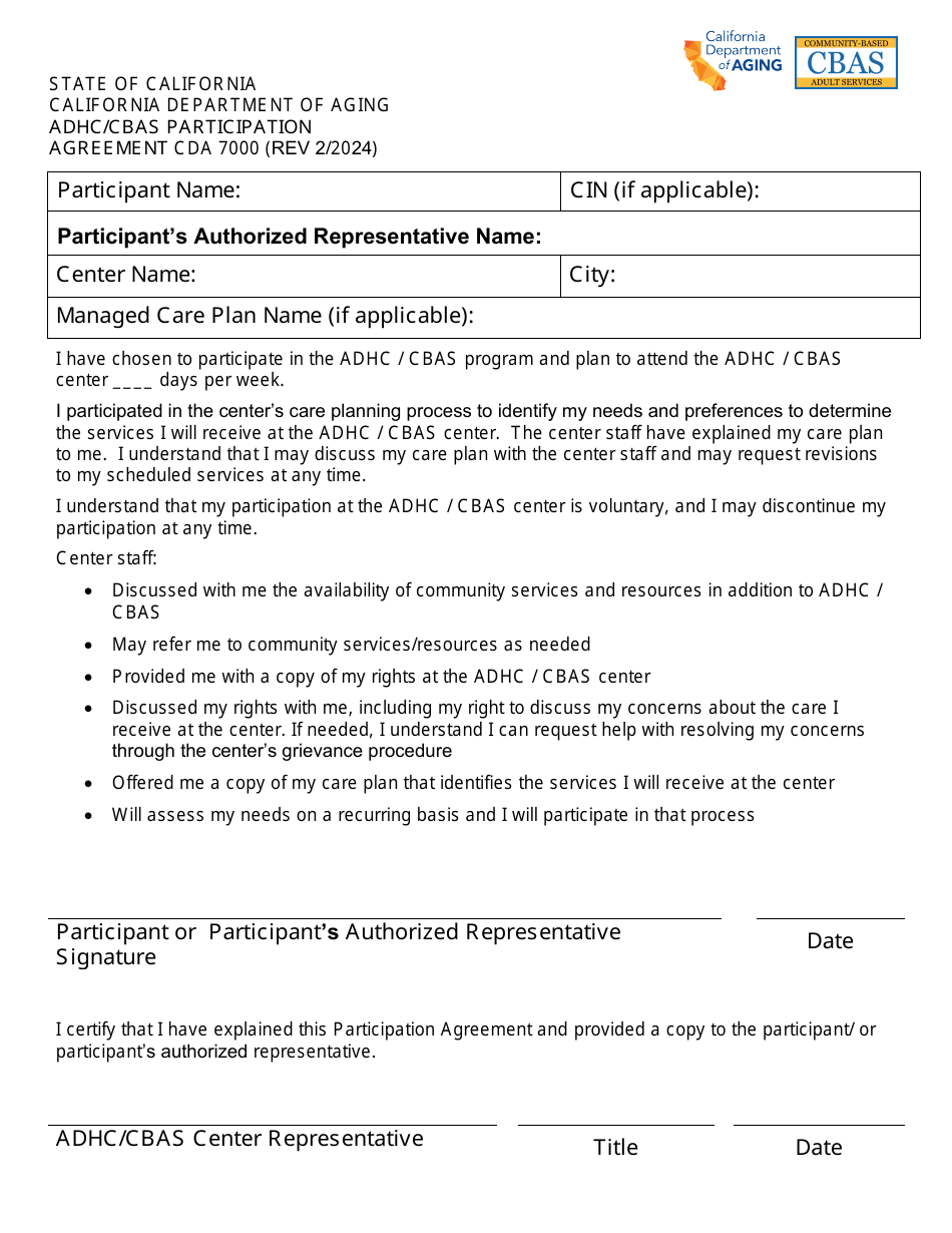 Form CDA7000 Adhc / Cbas Participation Agreement - California, Page 1