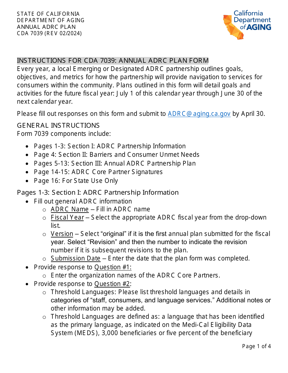 Instructions for Form CDA7039 Annual Adrc Plan - California, Page 1