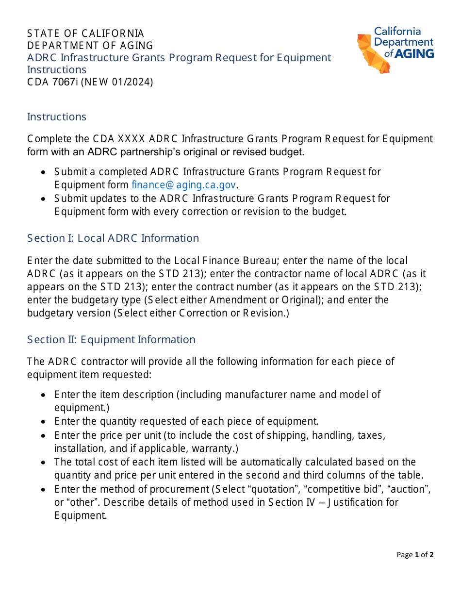 Instructions for Form CDA7067 Request for Equipment - Adrc Infrastructure Grants Program - California, Page 1