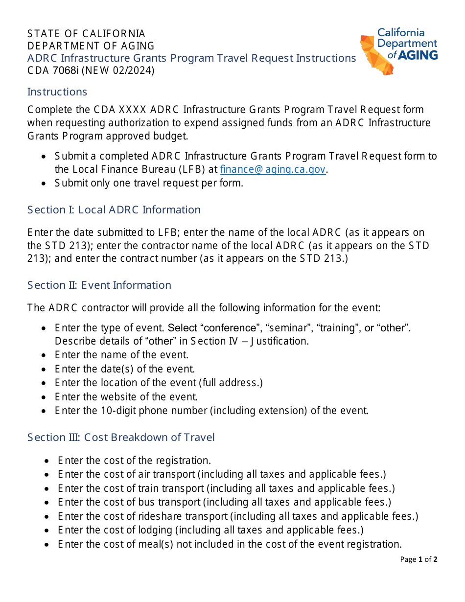 Instructions for Form CDA7068 Travel Request - Adrc Infrastructure Grants Program - California, Page 1