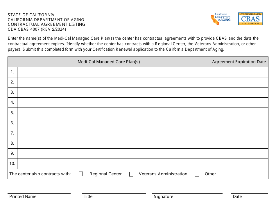 Form CDA CBAS4007 Contractual Agreement Listing - California, Page 1