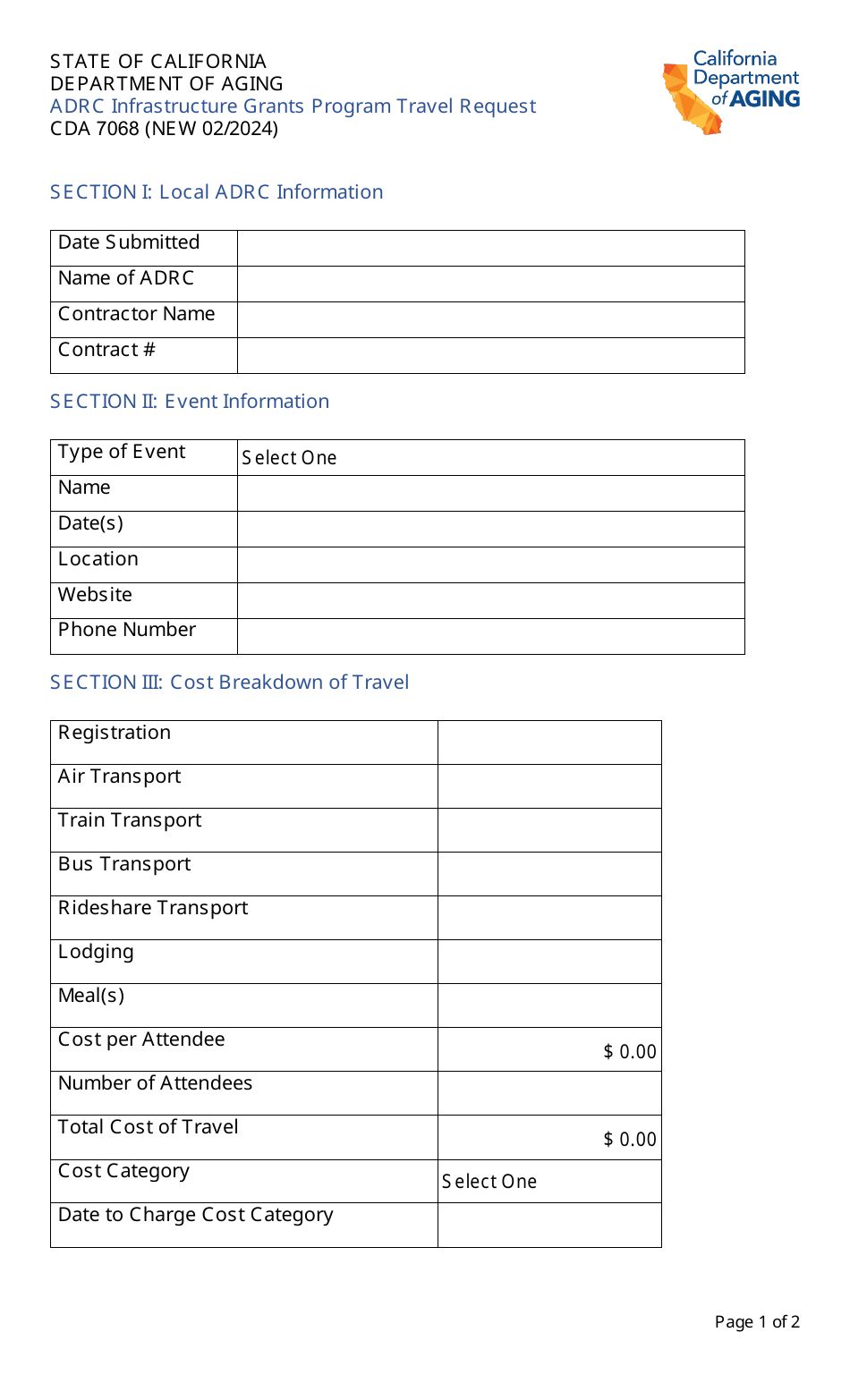 Form CDA7068 Adrc Infrastructure Grants Program Travel Request - California, Page 1