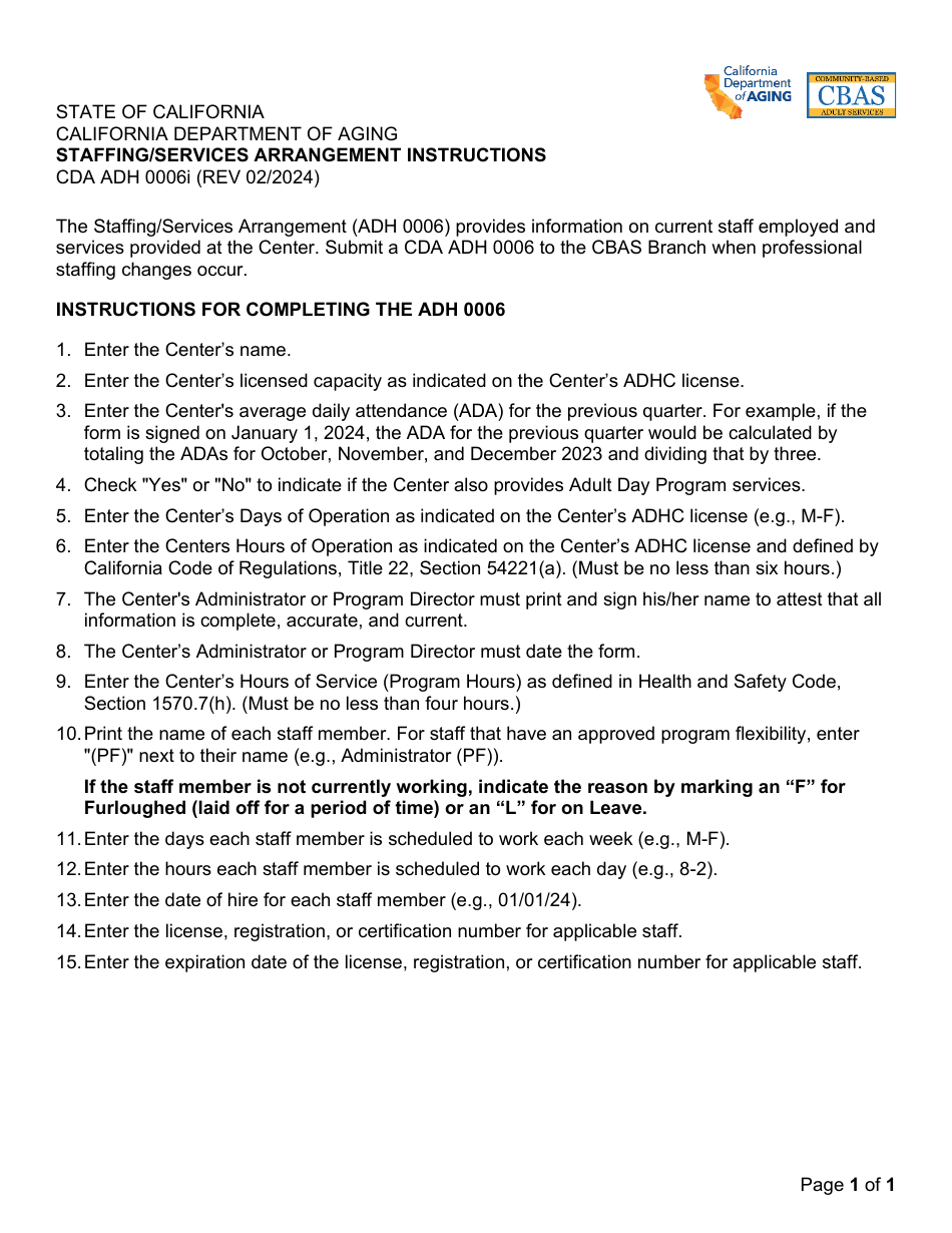 Instructions for Form CDA ADH0006 Staffing / Services Arrangement - California, Page 1