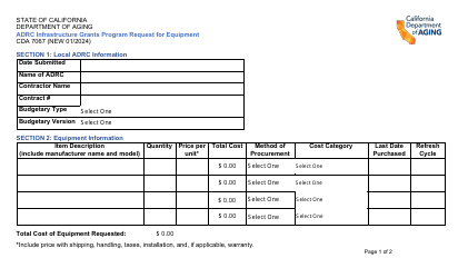 Form CDA7067 Request for Equipment - Adrc Infrastructure Grants Program - California