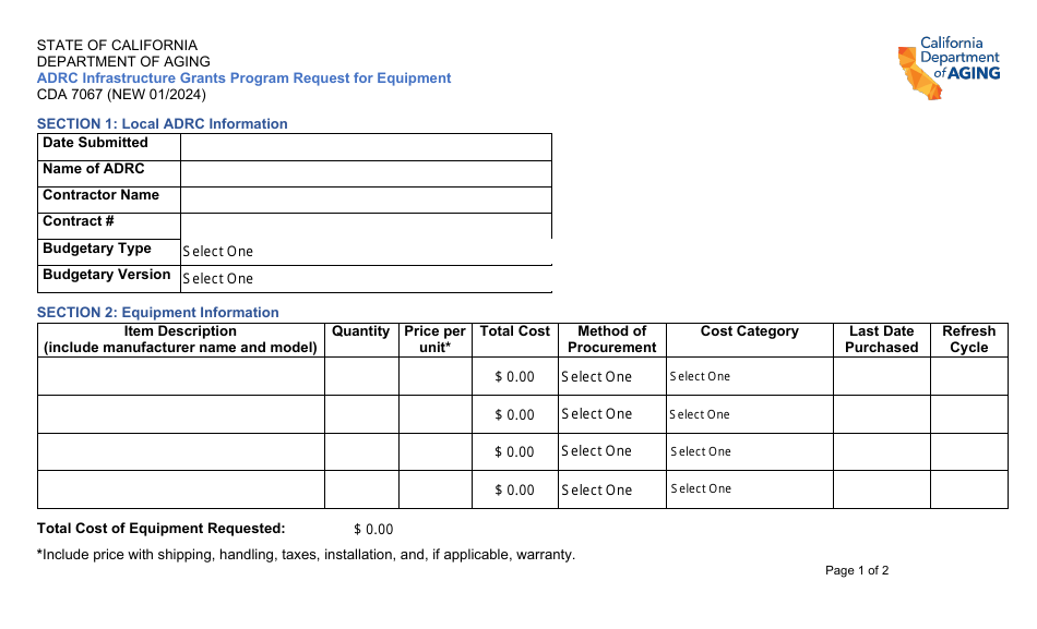 Form CDA7067 Request for Equipment - Adrc Infrastructure Grants Program - California, Page 1