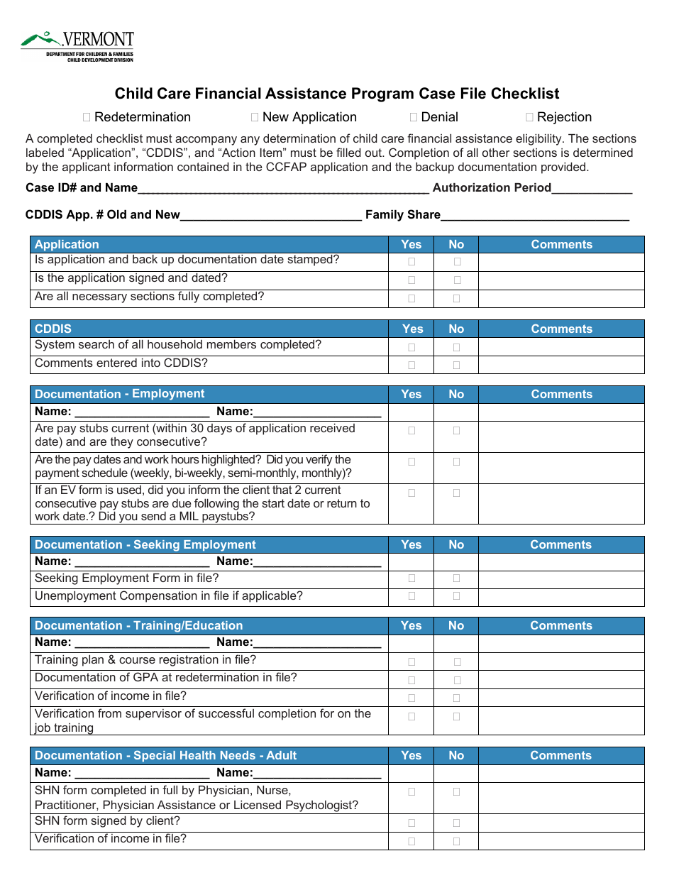 Vermont Case File Checklist - Child Care Financial Assistance Program 