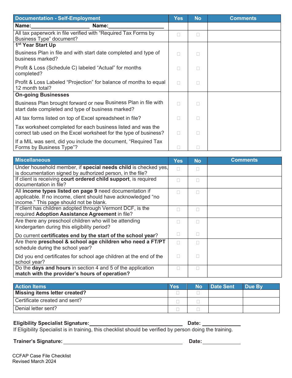 Vermont Case File Checklist - Child Care Financial Assistance Program ...